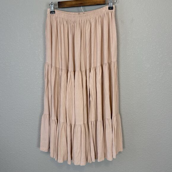 Double D Ranch Tiered Broomstick Midi Skirt Size M Blush Pink Crepe Western Boho - Picture 3 of 5